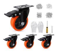 Nisorpa 4 ruedas giratorias de 100 mm con freno hasta 1000 kg, giratorias 360°, de poliuretano, color naranja, para cargas pesadas, con doble candado, ruedas de transporte de 100 mm para carro