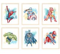 Nistio® Decoración de pared de superhéroe, arte de pared de superhéroe para dormitorio de niños, impresiones de Vengadores, juego de 6 impresiones, Iron Man, Spiderman, Capitán América, Hulk, Batman,