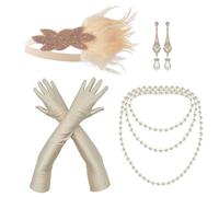 NITAIUN 4 Piezas Accesorio año 20 Mujer, 1920 Juego de Accesorios, Flapper Diadema Collar Pendientes Guantes, Great Gatsby Accesorios para Rugir Fiesta de los Años 20 Halloween Navidad (Set O)
