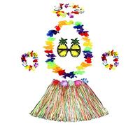 NITAIUN 6 Piezas Conjunto Hawaii Hula Conjunto de Guirnalda Hawaiana con Hawaiian Grass Hula Falda Collar Guirnalda Hawaiana Diademas y Muñequeras para Fiesta Hawaiana Halloween (6 Piezas)