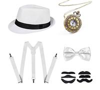 NITAIUN Accesorios para hombre de los años 20, disfraz de carnaval de mafia, juego de disfraz de Great Gatsby, accesorios de los años 20, con sombrero panamá, reloj de bolsillo ajustable, tirantes y