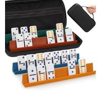 NiToy Juego de dominó doble 6 para adultos con 28 fichas de 5,1 x 2,5 x 0,7 cm y 4 soportes de dominó de silicona de 25,4 x 3 x 3 cm, juegos de mesa clásicos con estuche portátil para noches de juego