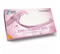 Nitras 8304 GLAMOUR Wave - Guantes desechables de nitrilo no estéril, color rosa perlado, 100 unidades en caja dispensadora, sin látex y sin polvo, compatible con pantalla táctil (M)