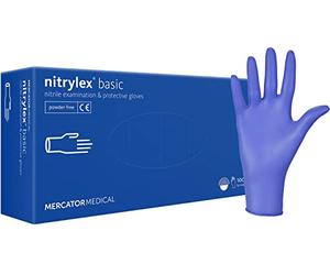 Nitrylex Basic Guantes desechables de nitrilo, guantes protectores de examen, sin talco, no estériles, Azul, tamaño L (8-9), ambidiestros, punta dedos texturizada, dispenser box de 100 piezas