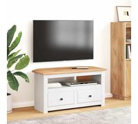 NiuBIKeLasI Mueble esquinero para TV, color blanco, de madera maciza de pino Panamá, 93 x 49 x 49 cm, mesa de televisión, mueble bajo, armario de televisión, cajón, espacio de almacenamiento, ahorro