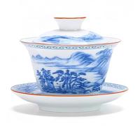 NIUKOMY Gaiwan 200ML, Taza de Té Chino Tradicional, Vintage Kung Fu Taza de Té Porcelana, Clásica Tazón de Té de Cerámica con Platillo y Tapa, Pintura de Paisaje Azul