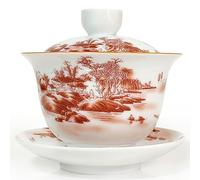 NIUKOMY Gaiwan Porcelana 200 ML, Tradicional Taza de Té Kung Fu Cerámica, China Tazón de Té con Tapa y Platillo, Pintura Paisajista Rojo