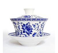 NIUKOMY Gaiwan Taza Porcelana, Taza de Té Kung Fu Cerámica, China Tradicional Tazón de Té con Tapa y Platillo (200ML Loto Azul)