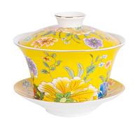 NIUKOMY Grande Gaiwan 400ML, Taza de Té Tradicional China, Vintage Taza de Té de Porcelana Kung Fu, Clásico Tazón de Té de Cerámica con Platillo y Tapa, Amarillo
