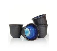 NIUKOMY Juego de 4 Taza de Té Japonés, Taza de Té Chino Kung Fu Porcelana, Tazas Pequeña Sin Asa de Cerámica, Chinese Tea Cup en Relieve Texto de la Buena Suertea 160 ML Negro