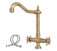 NIUKOMY Retro Grifo Cocina Fregadero de Bronce, Grifería Lavabo Latón Antiguo con Doble Maneta, Vintage 360° Giratorio Mezclador Cobre de Baño de Agua Caliente y Fría