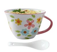 NIUKOMY Taza de Cerámica de Desayuno con Cuchara, Grande XXL Tazas de Café de Porcelana, 600ML Tazón de Té con Asa para Cappuccino Leche Sopa, Taza de Florales Pintado Rosa
