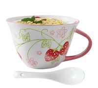 NIUKOMY Tazas Grande Desayuno, Taza de Café de Porcelana con Cuchara, 600ML Tazón de Té con Asa para Cappuccino Leche Sopa, Taza de Fresa Pintado