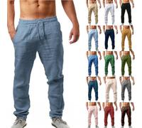 NIULI Pantalones De Lino For Hombre: Pantalones Ligeros De Ocio, Largos, Ajustados, Tipo Harén con Cordón, Informales, De Verano, De Lino Suave, Tallas S-5XL.(Blue 3,L)