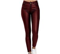 NIULI Pantalones De Mujer con Efecto Piel Sintética, Cintura Alta, Elásticos, Ajustados, Vaqueros Rectos, Pierna Ancha, PU, Efecto Mojado, Vintage, Leggings con Realce De Glúteos(Red Wine,XXL)