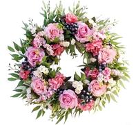 NiuLumea Corona floral de primavera hecha a mano con rosas, arándanos, hortensias, guirnalda artificial de seda frontal para puerta, boda, hogar, acento, rosa, 45 cm