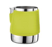 NiuLumea Jarra espumadora de leche de acero inoxidable con boquilla de cocodrilo y trincheras de doble desviación, diseño sin mango con funda de silicona para arte espresso latte, 9,3 x 7,5 cm