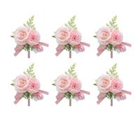 NiuLumea Paquete de 6 ramilletes para bodas, bailes y eventos de baile, ramo de rosas artificiales con flores de tela blanca/rosa/beige, 15 x 12 cm, fiesta nupcial, novio, damas de honor, padrinos de