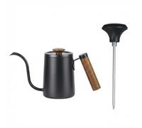 NiuLumea Tetera de café 304 para acero inoxidable con mango de madera y termómetro, boquilla de cuello de cisne de 600 ml (600 ml negro + negro)