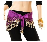 NIUSABOU Falda de Danza del Vientre y pañuelo de Cadera, Bufanda de Cadera for Danza del Vientre, Falda Gasa con cinturón Monedas 3 Filas, Multicolor, 158cm x 26cm(Purple)