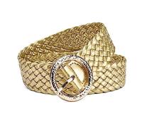 NIUXICH Cinturones trenzados de colores brillantes para mujer, hebilla circular dorada, adorno de cintura para mujer, sin agujeros, cinturón informal para vaqueros, Oro, 105cm