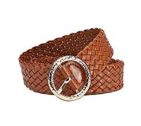 NIUXICH Cinturones trenzados de colores brillantes para mujer, hebilla circular dorada, adorno de cintura para mujer, sin agujeros, cinturón informal para vaqueros, Marrón, 105cm