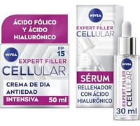 NIVEA Cellular Expert Filler - Set Crema de Día FP15 50 ml y Sérum Rellenador 30 ml - Antiarrugas - Ácido Hialurónico y Ácido Fólico - Protección Solar - Crema Antiedad - Todo Tipo de Piel