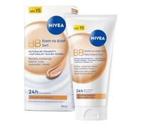 NIVEA Crema de día 5 en 1 BB 24 h hidratante SPF 15, crema de día tintada para pieles medianas y oscuras, crema facial con aceite de jojoba orgánico y pigmentos de maquillaje