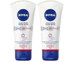 NIVEA - Crema de manos reparadora 3 en 1 (75 ml), crema de piel rica, con dexpantenol, para cuidados intensivos, para manos muy secas y agrietadas (Paquete de 2)