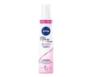 NIVEA Cuidado y sujeción de espuma suave al tacto (150 ml), espuma nutritiva para el cabello con protección térmica (nivel de sujeción 3)