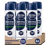 NIVEA Derma Control Sensitive - Desodorante Antitranspirante para Hombre - 72h Protección contra el Sudor - Ácido Hialurónico y Vitamina E - No Irrita las Axilas - Pieles Sensibles - Spray 6 x 200 ml
