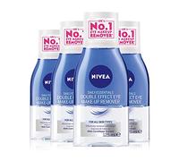 NIVEA Eliminador de maquillaje de ojos doble eficaz paquete de 4 (4 x 125 ml) potente limpiador facial elimina rímel impermeable, lavado facial de doble acción, removedor de maquillaje de ojos
