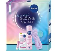 NIVEA Glow & Go Kit de Belleza de Regalo para Mujer - Antitranspirante, Crema de día, Lápiz labial y Cinta para el Cabello