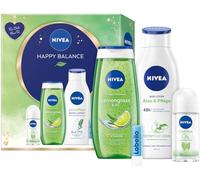 NIVEA Happy Balance - Set de regalo con productos de cuidado hidratante, caja de regalo con loción, ducha de cuidado, desodorante roll-on y Labello