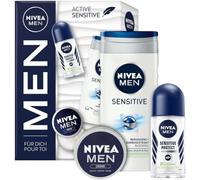 NIVEA Men Active Sensitive - Set de regalo con productos de cuidado hidratante, caja de regalo con gel de ducha sensible, Sensitive Protect, desodorante antitranspirante roll-on y crema NIVEA Men