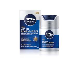NIVEA MEN Crema hidratante antiedad con ácido hialurónico, cuidado facial para hombres con ácido hialurónico, Pro-Retinol y FPS 15, crema facial para 24h de hidratación y reducción visible de arrugas