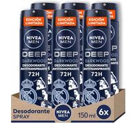 NIVEA MEN Deep Darkwood Desodorante Antitranspirante Edición Limitada Real Madrid Pack de 6 x 150ml - Protección 72h Contrael Sudor y Mal Olor - Carbón Negro - Fragancia Masculina - Reduce Bacterias