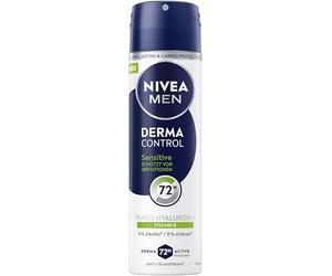 NIVEA MEN Derma Control Sensitive Deo Spray (150 ml), antitranspirante con ácido hialurónico puro para una protección fiable de 72 horas, desodorante nutritivo sin alcohol etílico