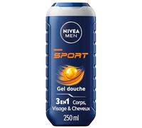 NIVEA MEN Gel de ducha deportiva (1 x 250 ml) - Cuidado de lavado enriquecido con minerales - Gel de ducha para hombre 3 en 1 acondicionador - Cuidado limpiador corporal facial y cabello para un