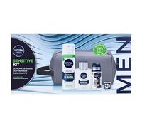 NIVEA MEN Sensitive - Set de regalo para hombre con espuma de afeitar de 200 ml, bálsamo after shave de 100 ml, desodorante para hombres blanco y negro de 50 ml y bolsa de viaje gratis