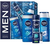 NIVEA MEN Strong Power Set de regalo, set de cuidado con productos de cuidado refrescante, caja de regalo con gel de ducha Fresh Ocean, desodorante seco activo, champú fuerte y cuidado labial Labello