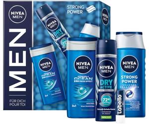 NIVEA MEN Strong Power Set de regalo, set de cuidado con productos de cuidado refrescante, caja de regalo con gel de ducha Fresh Ocean, desodorante seco activo, champú fuerte y cuidado labial Labello