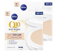 Nivea Q10 Anti-Age Foundation Cushion 3 en 1 Cuidado de la Piel Color Natural 01 Ligero, Medio hidratante para la piel, uniforme con espejo integrado, 2 paquetes de 15 g