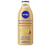 NIVEA Q10 Loción Corporal Reafirmante + Autobronceadora (400 ml), crema hidratante corporal con coenzima Q10, crema bronceadora para tono de piel claro a medio