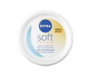NIVEA Soft Daily UV Crema Hidratante SPF 15, 100 ml | Hidratante con vitamina E y aceite de jojoba, protección solar Daily Factor 15, humedad de 48 horas para cara, cuerpo y manos