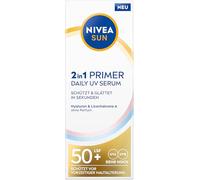 Nivea Sun 2 en 1 Primer Daily UV Serum SPF 50+, crema solar sin perfume para una piel facial más suave con ácido hialurónico y antioxidante, cuidado facial de absorción rápida con SPF (30 ml)