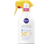 NIVEA SUN Babies & Kids Sensitiv Protection 5 en 1 - Leche solar SPF 50+, loción solar extra resistente al agua en aerosol con SPF 50+, crema solar para niños sin perfume (250 ml)