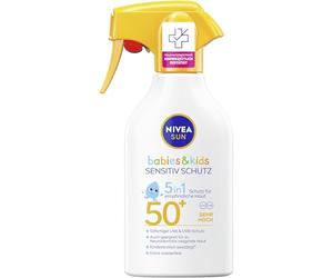 NIVEA SUN Babies & Kids Sensitiv Protection 5 en 1 - Leche solar SPF 50+, loción solar extra resistente al agua en aerosol con SPF 50+, crema solar para niños sin perfume (250 ml)