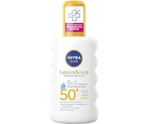 NIVEA SUN Babies & Kids Sensitiv - Spray solar SPF 50+, extra impermeable, protección solar para niños, protección solar sin fragancia, también para pieles propensas a eccemas (200 ml)