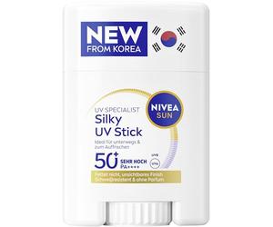 NIVEA SUN Barra UV SPF 50+ (15 g), protección solar ultraligera para la cara, aplicador de crema solar con tecnología coreana, transpirable UV Specialist Silky (15 g)